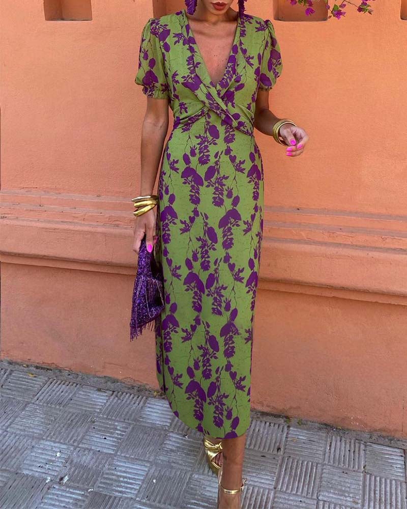 Mason Rove™ | A-Line V-Neck Dress with Leaf Pattern