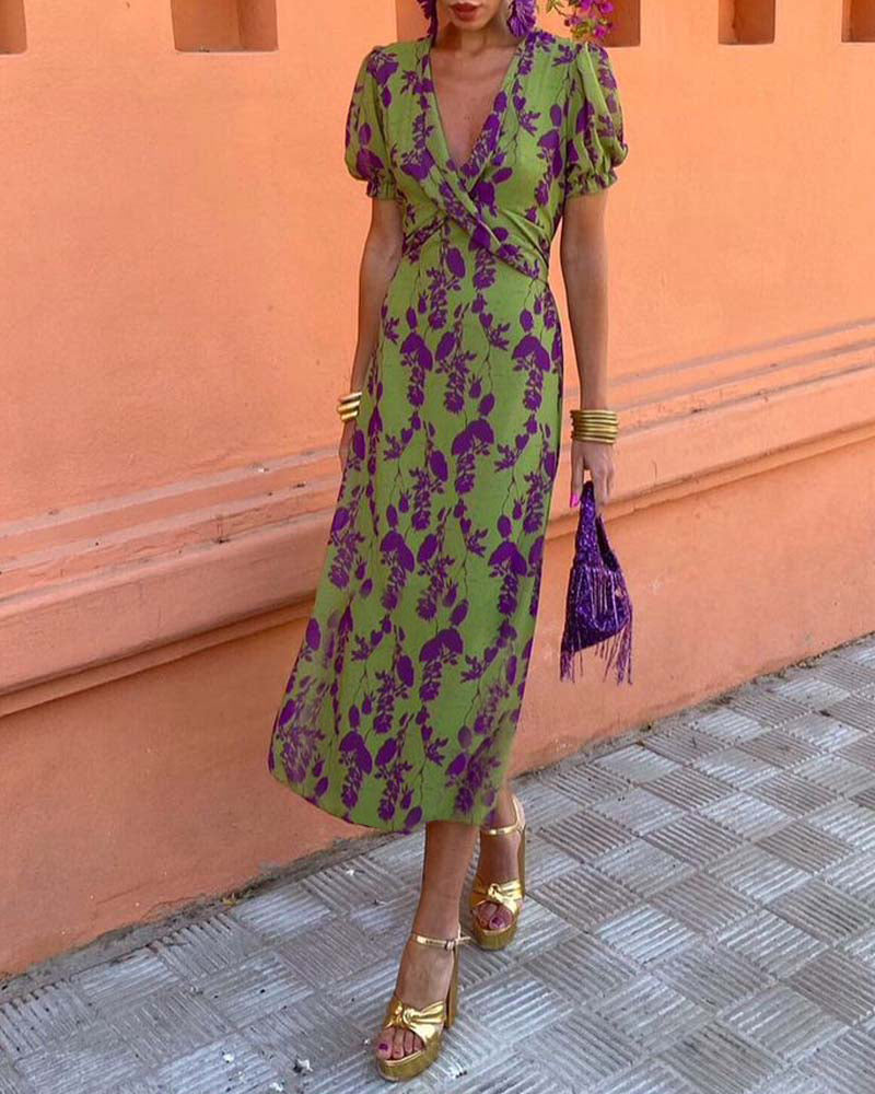 Mason Rove™ | A-Line V-Neck Dress with Leaf Pattern