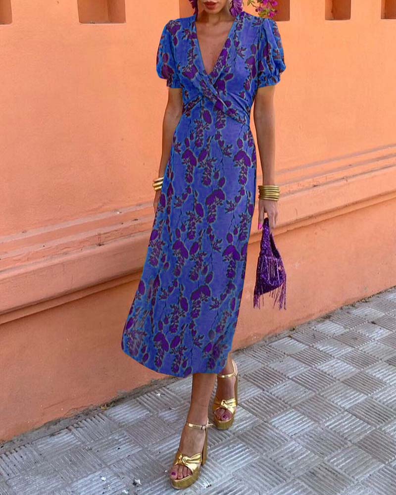 Mason Rove™ | A-Line V-Neck Dress with Leaf Pattern
