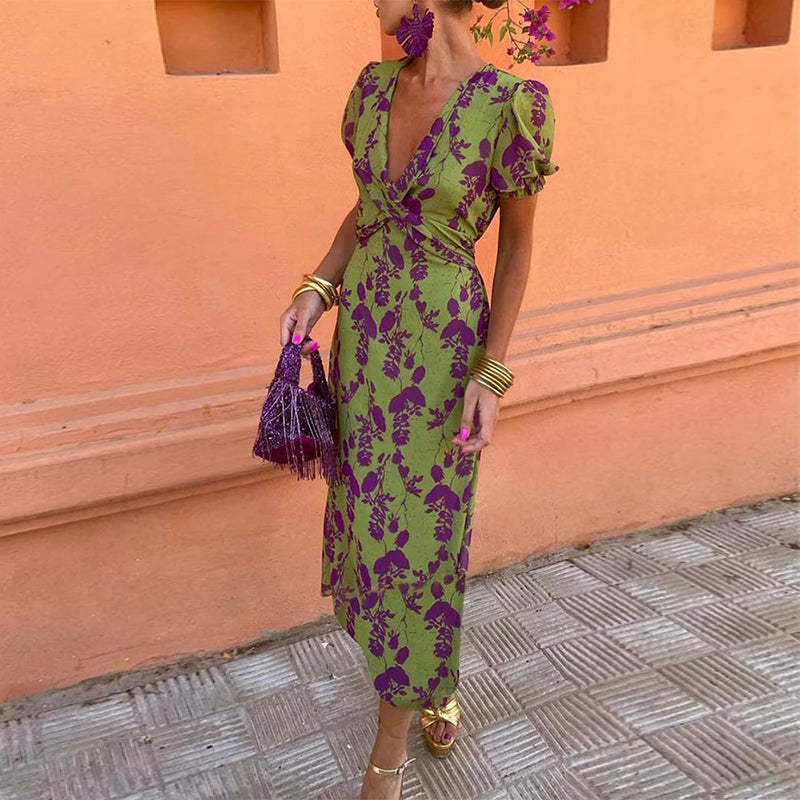 Mason Rove™ | A-Line V-Neck Dress with Leaf Pattern
