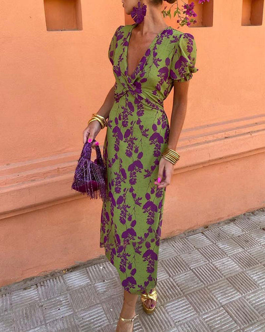 Mason Rove™ | A-Line V-Neck Dress with Leaf Pattern
