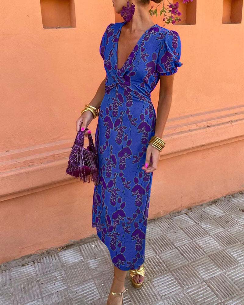 Mason Rove™ | A-Line V-Neck Dress with Leaf Pattern