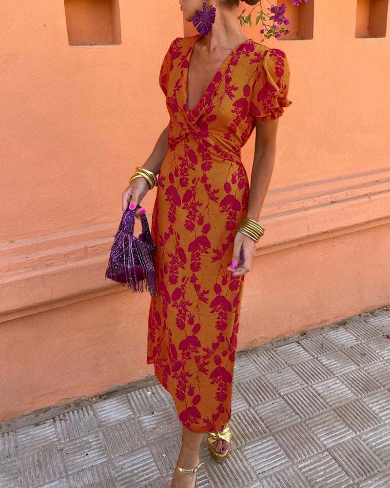 Mason Rove™ | A-Line V-Neck Dress with Leaf Pattern