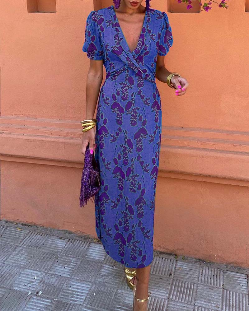 Mason Rove™ | A-Line V-Neck Dress with Leaf Pattern