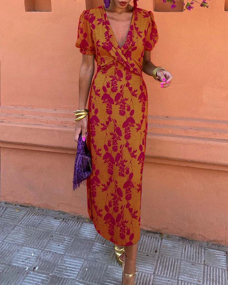 Mason Rove™ | A-Line V-Neck Dress with Leaf Pattern