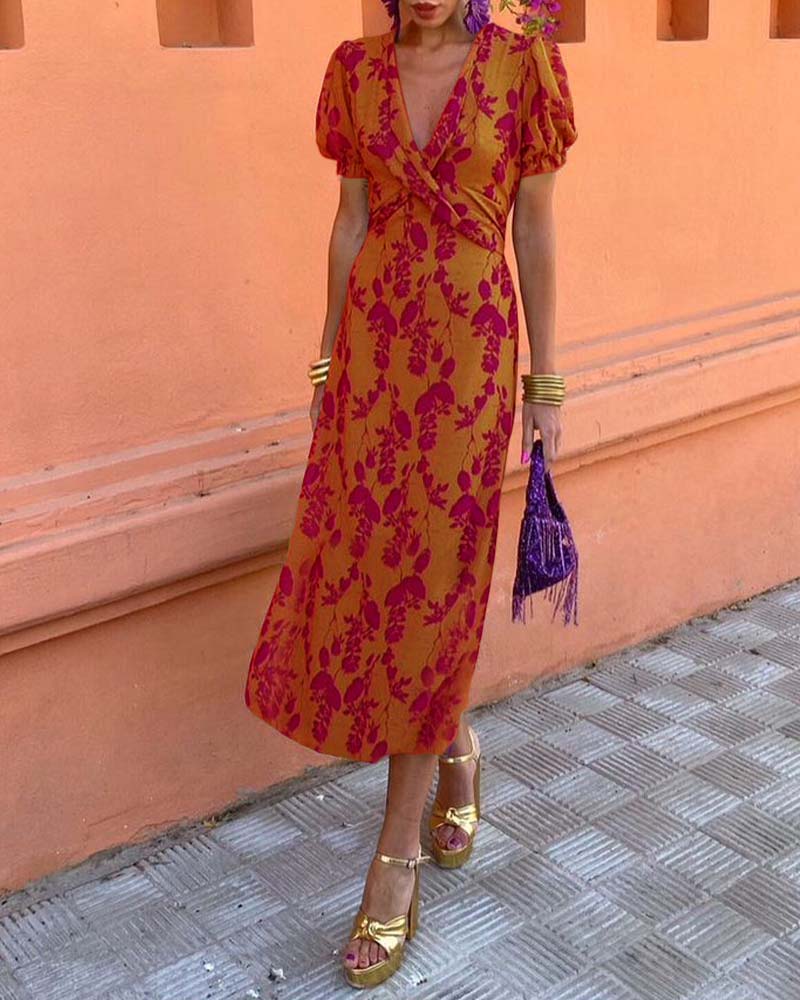 Mason Rove™ | A-Line V-Neck Dress with Leaf Pattern