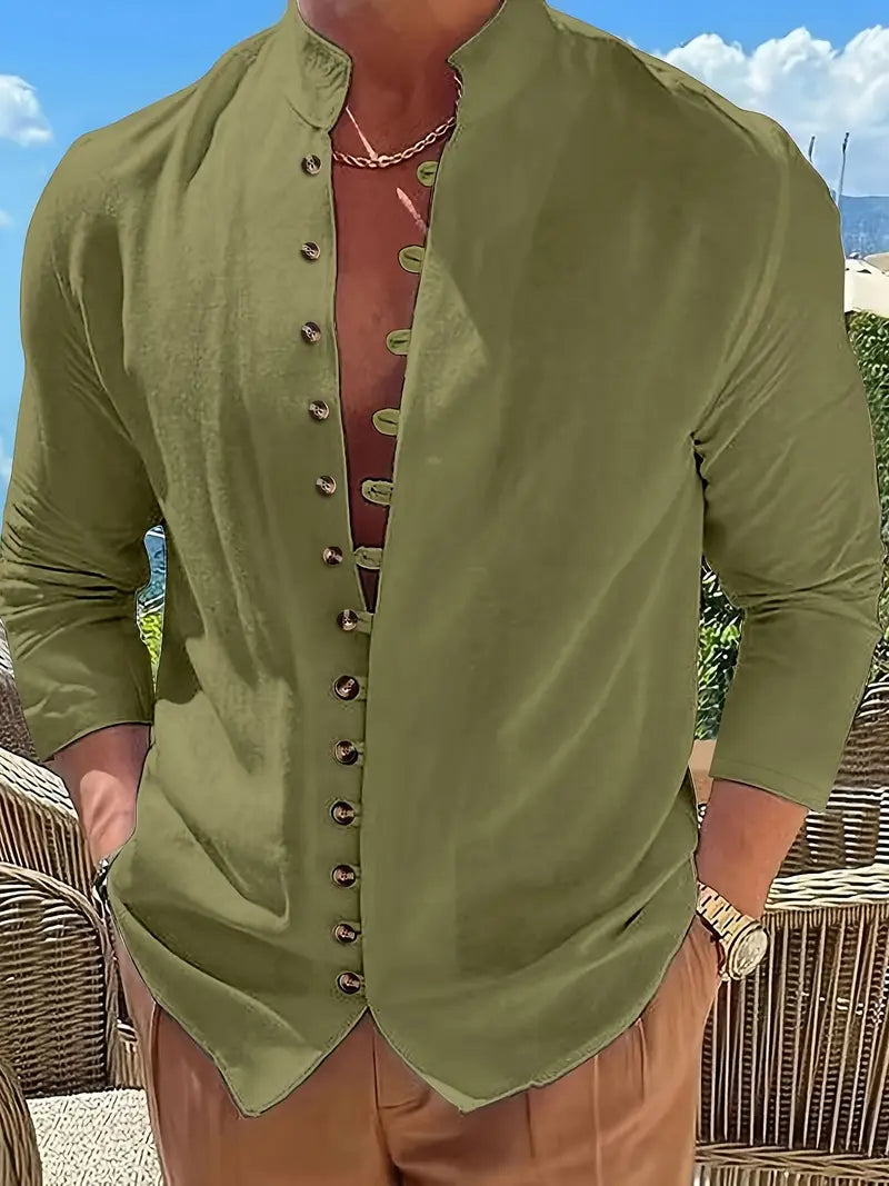 Hudson™ | Long-Sleeved Linen Shirt with Mandarin Collar