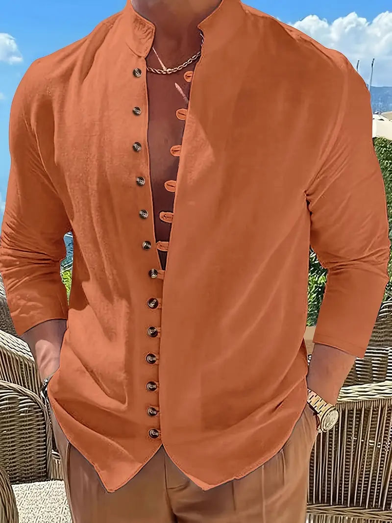 Hudson™ | Long-Sleeved Linen Shirt with Mandarin Collar