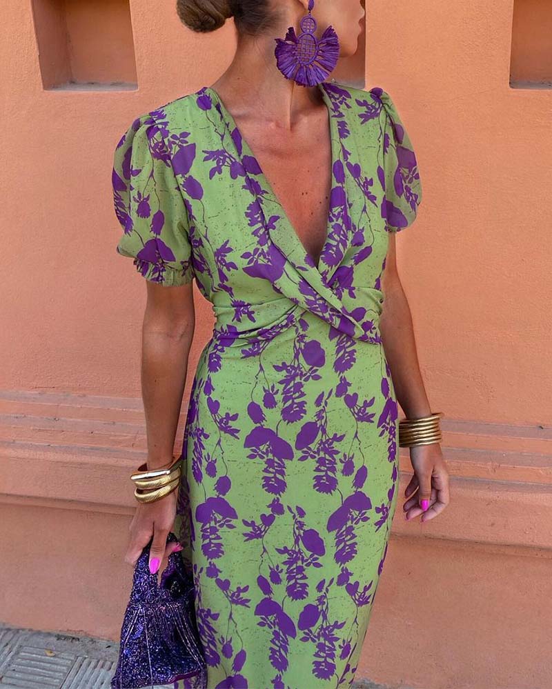 Mason Rove™ | A-Line V-Neck Dress with Leaf Pattern